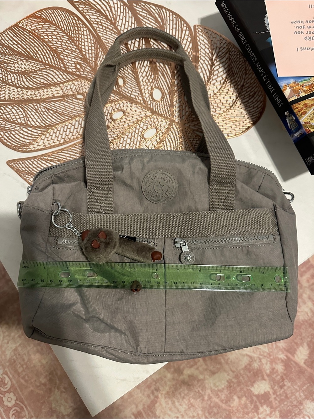 Kipling Taupe Gray Nylon Messenger Bag with Plush Keychain barely used